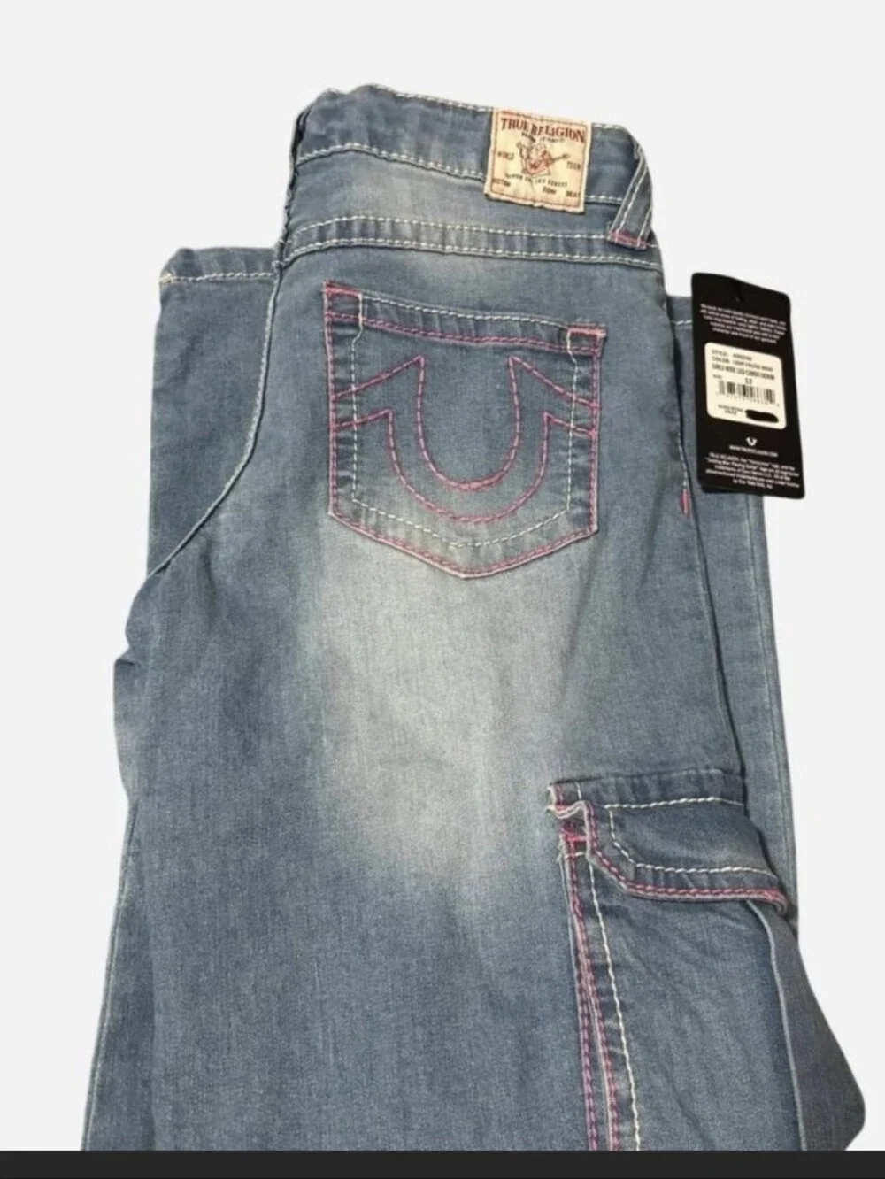 True Religion Light Blue Cargo Wide-Leg Jeans with Pink Stitching